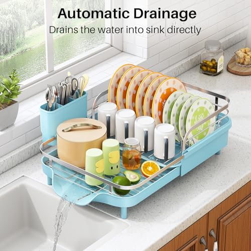 Expandable Dish Drying Rack for Small Kitchen Counter (Blue)