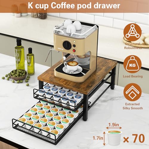 2 Tier Coffee Pod Drawer Holder for K Cup (70 Pods K Cup / Rustic Brown)