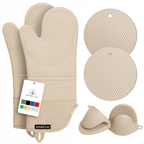 Silicone Oven Mitts and Pot Holders Sets (Beige)