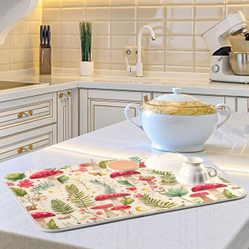 Mushroom Forest Fern Leaves Dish Drying Mat for Kitchen Counter Absorbent Microfiber Drying Pad (16" x 18")