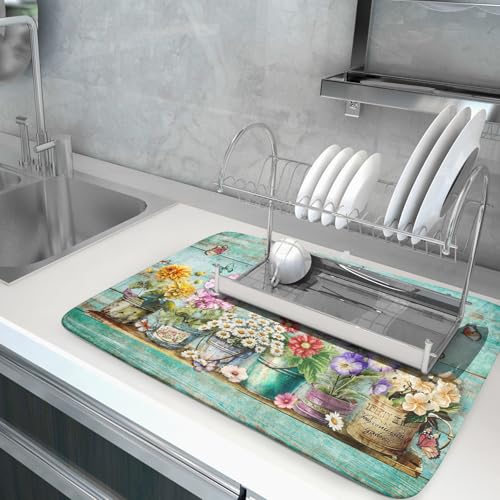 Spring Floral Rustic Dish Drying Mat for Kitchen Counter Absorbent Microfiber Large Drying Pad 18 x 24 Inch Flowers Jars (Green Flowers Jars / 24" x 18")