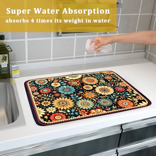Boho Floral Dish Drying Mat for Kitchen Counter Absorbent Microfiber Flowers Drying Pad 18 X 24 In (Boho Floral Black A / 24" x 18")