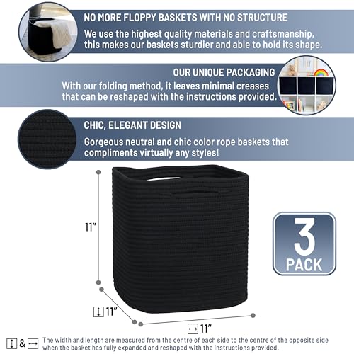 Storage Cubes 11 Inch Cotton Rope Woven Baskets for Organizing (Black)