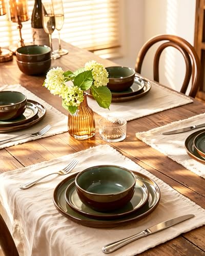 Milkyway 12 Piece Stoneware Dinnerware Set (Moss Green & Cocoa / Service for 4 (Standard Dinner Set))