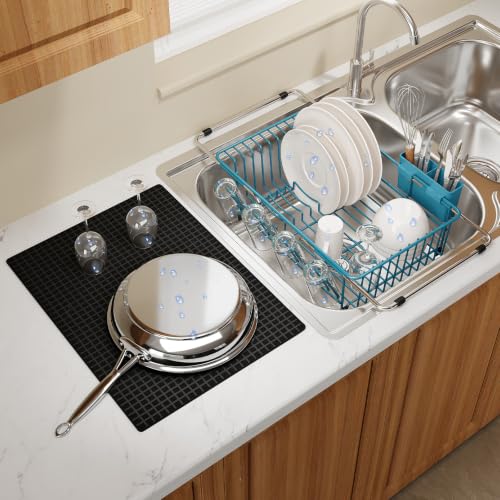 Blue Expandable Dish Drying Rack Over Sink with Extra Drying Mat (Blue / For 11.5"-16" W Sink with Cup Holder & Mat)