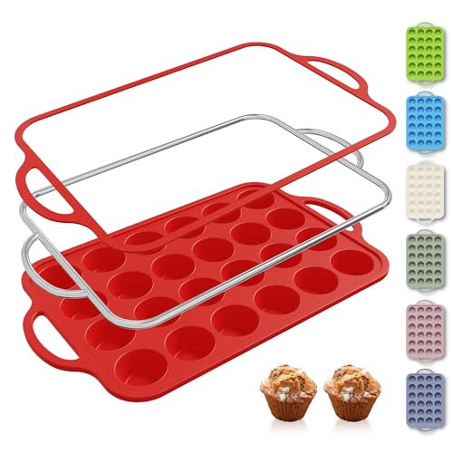24 Cups Silicone Muffin Pan with Metal Reinforced Frame Mini Size Cupcake Pan Tray Egg Bites Silicone Circle Cookie Molds Muffin Tin Tart Pans Baking Sheet Set for Breakfast Sandwiches Round (Mini / Red)