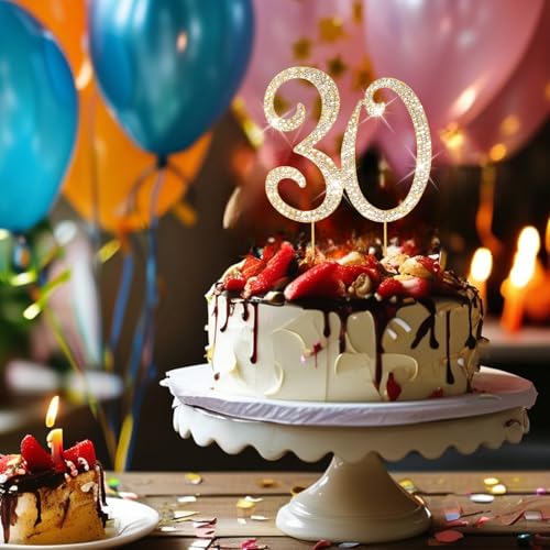 30th Birthday Decorations for Women Rhinestone Gold Cake Topper (30)