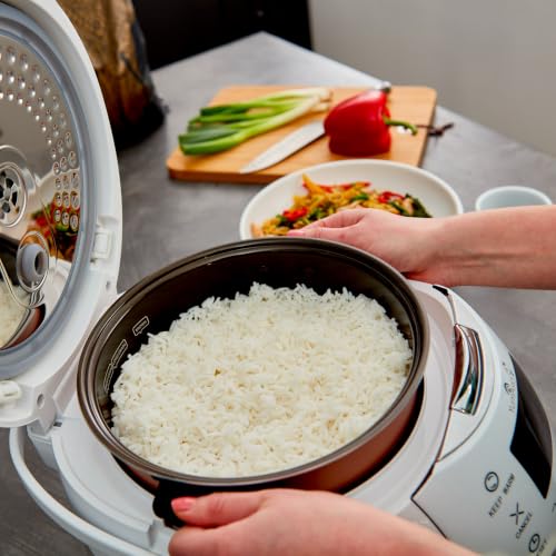 Sakura Rice Cooker with Ceramic Bowl and Advanced Fuzzy Logic (White and Silver)