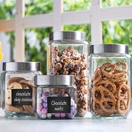4pc Square Glass Cookie Jars with Airtight Lids + Marker & Labels