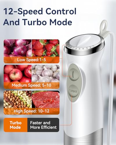 Immersion Blender Handheld 1000W 5 in 1 Corded Stick Hand Blender Kitchen with 12 Speed (White)