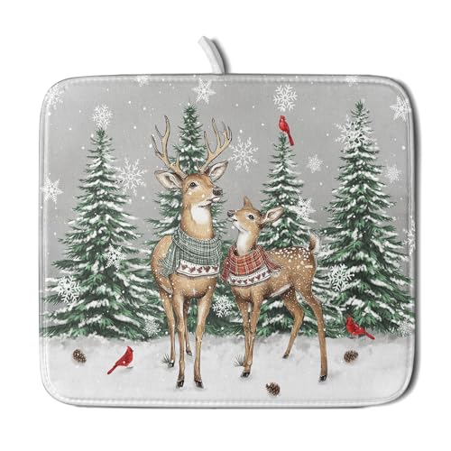 Winter Deer Dish Drying Mat Pine Tree Absorbent Dish Dry Pad Seasonal Microfiber Dish Drainer Mats for Kitchen Counter Coffee Bar 16x18 in (Deer Pine Tree / 16" x 18")