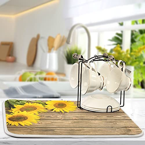 Super Absorbent Dish Drying Mat (Sunflowers On The Wooden / 18" x 24")