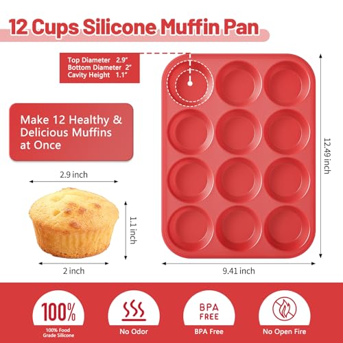 Silicone Muffin Pan with Metal Reinforced Frame (2PCS with Steel Core: Orange + Red (2.9”))