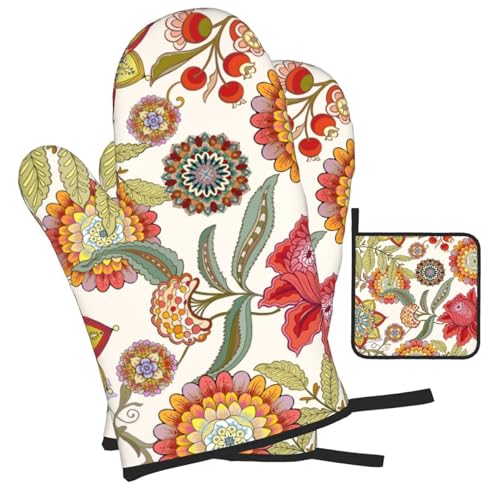 Boho Floral Oven Mitts and Pot Holders Sets of 3 Colorful Flower (Boho Floral)