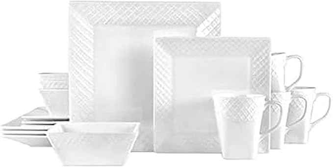 Mikasa Square Delray 16-Piece Bone China Dinnerware Set, Service for 4, White