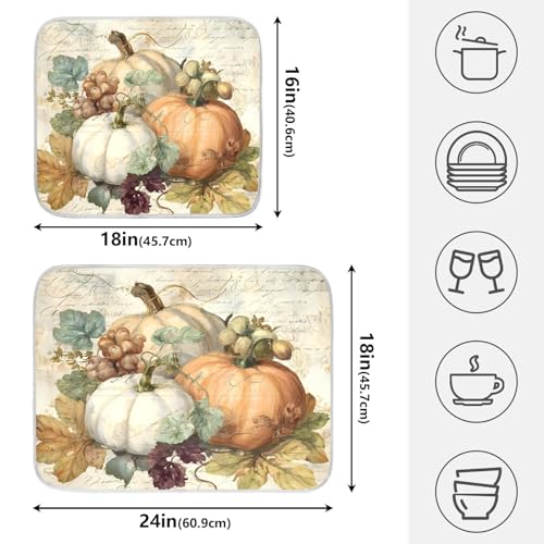 Autumn Pumpkin Fall Leaves Thanksgiving Dish Drying Mat for Kitchen Counter Absorbent Microfiber Large Drying Pad Dish Mats for Kitchen Countertops 18 x 24 Inch (24" x 18")