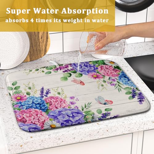 Hydrangea Floral Dish Drying Mat 16x18 inch Spring Summer Decorative Fast Dry Dishes Draining Mats Absorbent Microfiber Drainer Rack Pad (Hydrangea Floral / 16 x 18 inch)