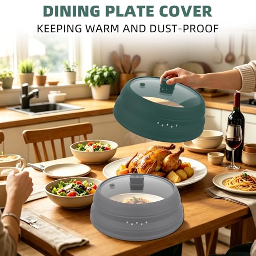 Microwave Splatter Cover Glass Cover Guard Lid with Collapsible Silicone for Food Pot Plate Cover 10.8 inch Dark Green (Dark Green / 10.8 inch)