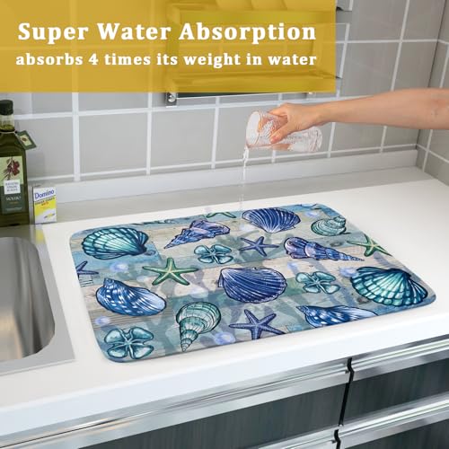 Starfish Seashell Dish Drying Mat 18x24 inch Coastal Beach Dish Drainer Rack Pad Absorbent Microfiber Fast Dry Kitchen Counter Accessories (Starfish Seashell / 18" x 24")