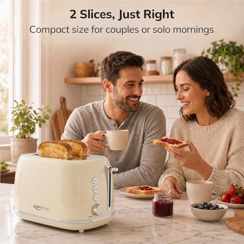 Toasters 2 Slice Retro Stainless Steel Toasters with Bagel (2 Slice / Beige)