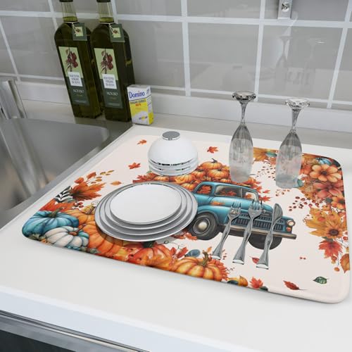 Fall Drying Mats for Kitchen Counter 18×24 Inch Autumn Truck Large Absorbent Microfiber Drying Pad Home Season Accessories (Fall Truck 605 / 24" x 18")