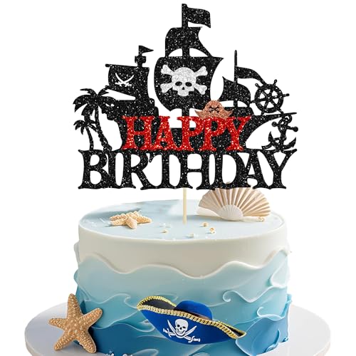 1Pcs Pirates Happy Birthday Cake Topper Pirate Ship Nautical Cake Pick for Pirates Theme Baby Shower Birthday Party Cake Decorations Supplies Red (Red 5)