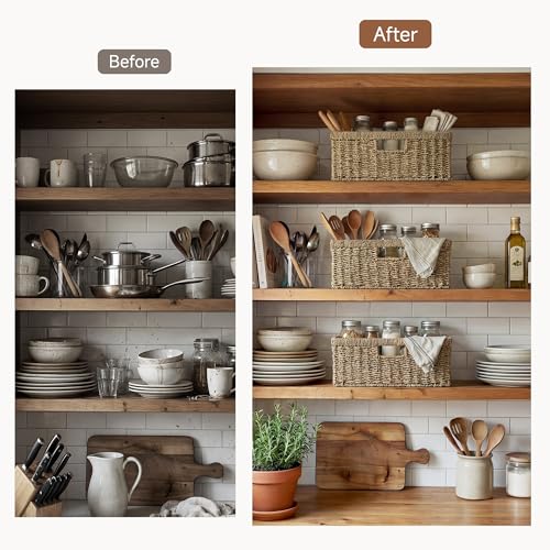 Wicker Storage Baskets for Shelves (Natural (Seagrass) / 15"L x 11"W x 6¾"H)