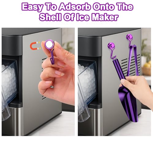 Stainless Steel Ice Scoop for Freezer with Magnetic Hook & Ice Tongs (6oz / Purplr)