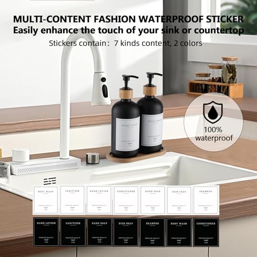 Black Glass Soap Dispenser (Black Bottle + 14 Labels + Funnel + Tray)