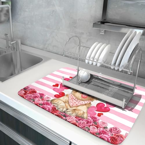 Valentine's Day Dog Dish Drying Mat for Kitchen Counter 18x24 inch Heart Rose Absorbent Dish Drainer Rack Mats for Coffee Bar Countertop (Heart Rose Dog / 24" x 18")
