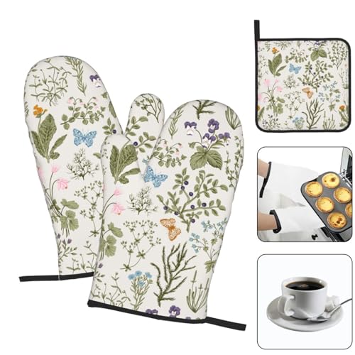 Vintage Floral Oven Mitts and Pot Holders Sets of 3 Cute Botanic (Vintage Floral)
