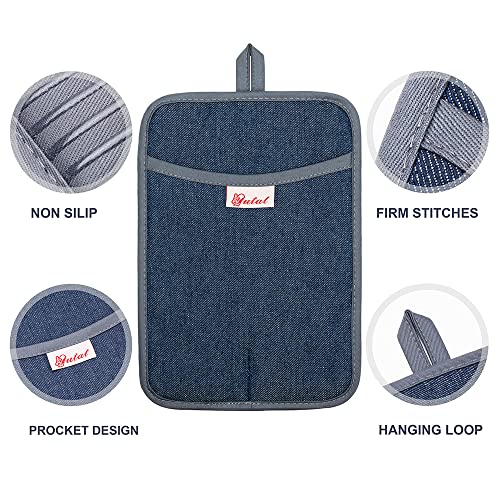 Oven Mitts Pot Holders Set of 4 Made with Pure Cotton and Food Grade Non (4PCS‑13"L x 6"W/Grey‑Denim Striped Surface)