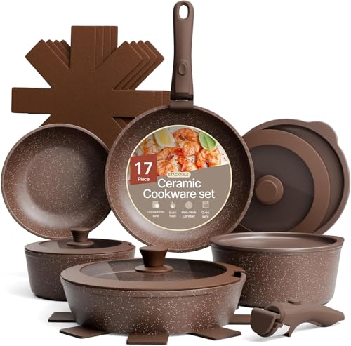 Bakken 17 Piece Ceramic Coated Aluminum Cookware Set (Brown)