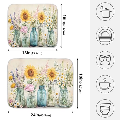 Spring Summer Floral Jars Flowers Dish Drying Mat for Kitchen Counter Absorbent Microfiber Small Drying Pad Dish Mats for Kitchen Countertops 16 x 18 Inch (18" x 16")
