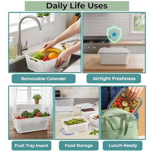 5 Pack Large Fruit Storage Containers for Fridge with Removable Colander (5 Pack - Fruit Containers)