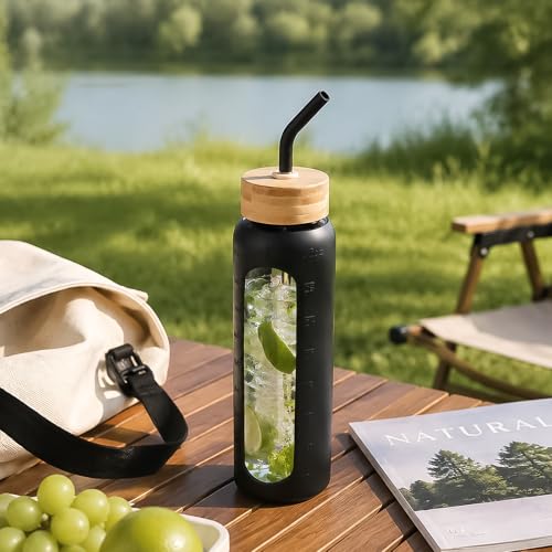 32 oz Glass Water Bottle with Straw and 2 Lids (Black / 32 Ounces)