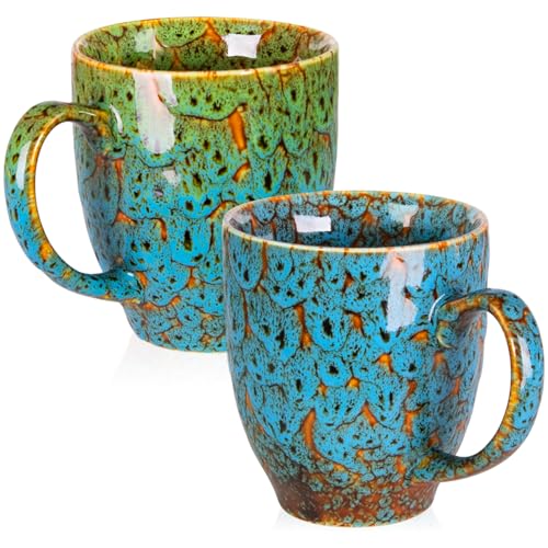 16 oz Ceramic Coffee Mugs Set of 2 (Green & Blue, Blue)
