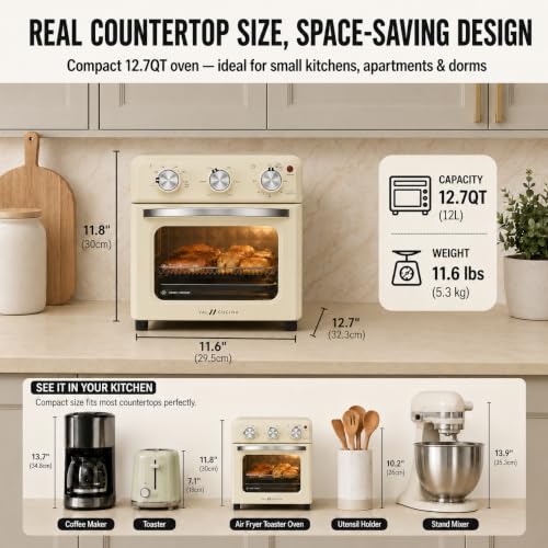 6-in-1 Retro Air Fryer Toaster Oven Combo, Compact 12.7 QT Small Countertop Convection Oven, Fits 9" Pizza & 4 Toast, Hexagon Hybrid Heating, Enamel Baking Pan Included, Almond Yellow Color (12.7-QT Almond Yellow Color)