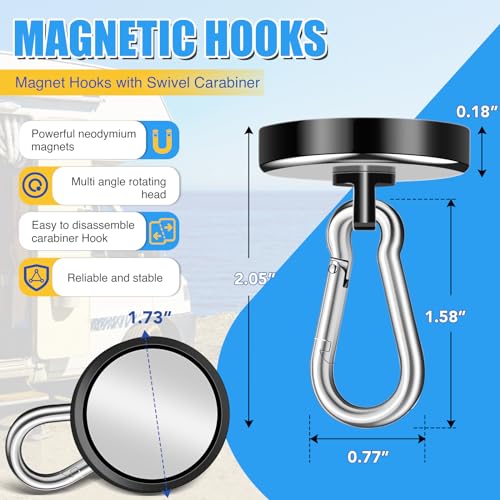 200Lbs Magnetic Carabiner Hooks 2Pcs Strong Magnetic Hooks Heavy Duty (200lb-2P Black)