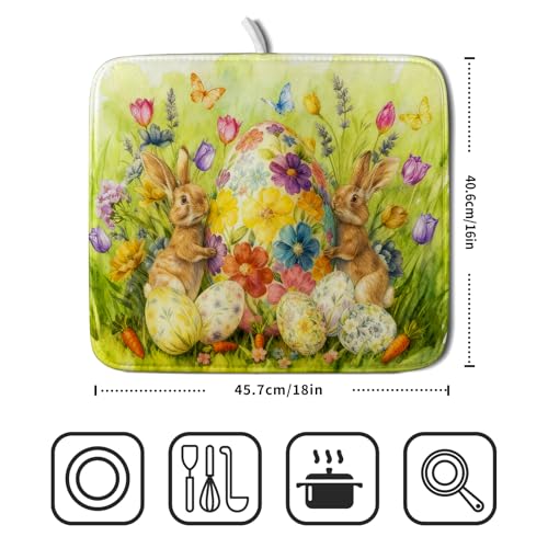 Easter Dish Drying Mat for Kitchen Counter Spring Bunny Microfiber Countertop Mat Small (Spring Bunny Green / 18" x 16")