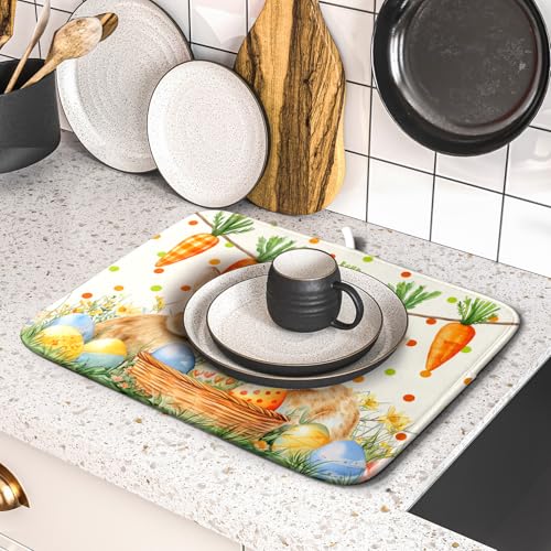 Easter Bunny Dish Drying Mat Eggs Carrot Dishes Drainer Pad Absorbent Reversible Dish Rack Mat Protector for Kitchen Countertop 16x18 Inch (Easter Bunny Carrot / 16" x 18")