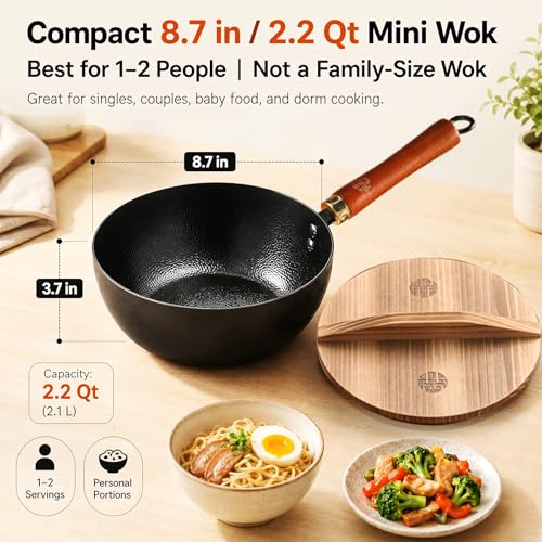 8.7 Inch Carbon Steel Mini Wok with Wooden Lid (8.7 inch)