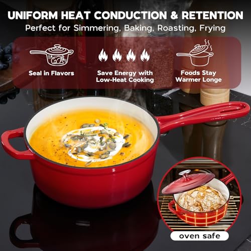 Cast Iron Sauce Pan Pot (Red / 3 Quarts)