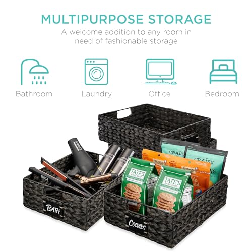 Set of 4 16x12in Large Water Hyacinth Pantry Baskets (12x16x5in / Black)
