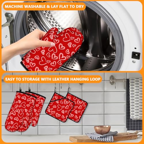 White Love Hearts Oven Mitts and Valentine's Day Pot Holders Sets 4Pcs (White Love Hearts)