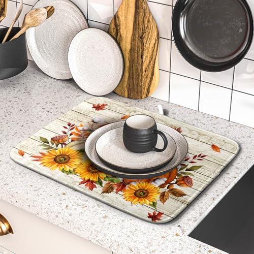 Hello Fall Dish Drying Mat Autumn Pumpkin Dish Drainer Rack Mats 16"x18" Fast Dry Microfiber Dish Drying Pad for Kitchen Countertop Table (Pumpkin Sunflower / 16" x 18")