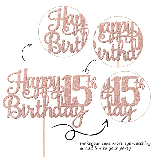 1 PCS Happy 15th Birthday Cake Topper Glitter Cheers to 15 Years Birthday Cake Pick Mis Quince 15 Fabulous Cake Decoration for Happy 15th Birthday Theme Party Decorations Supplies Rose Gold (Rose Gold / 15th)