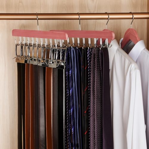 Cedar 2 Pack 2 in 1 Belt Tie Hanger for Closet Max 60 Belts with 60 Ties Capacity (Cedar-2 Pack)