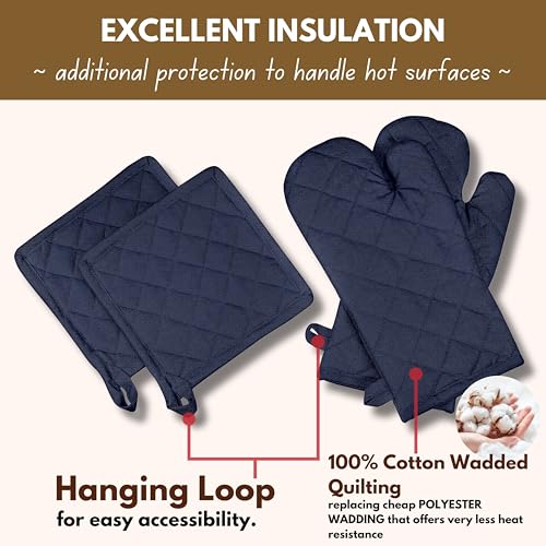 4 Piece Set 2 Oven Mitts & 2 Potholders (Navy)