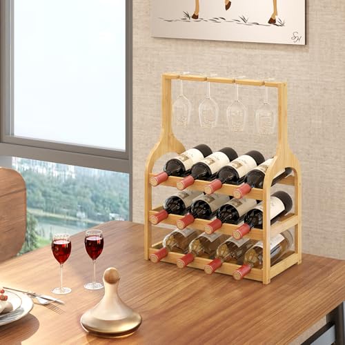 Bamboo Wine Rack Countertop (Natural 3-tier With Glass Holder)